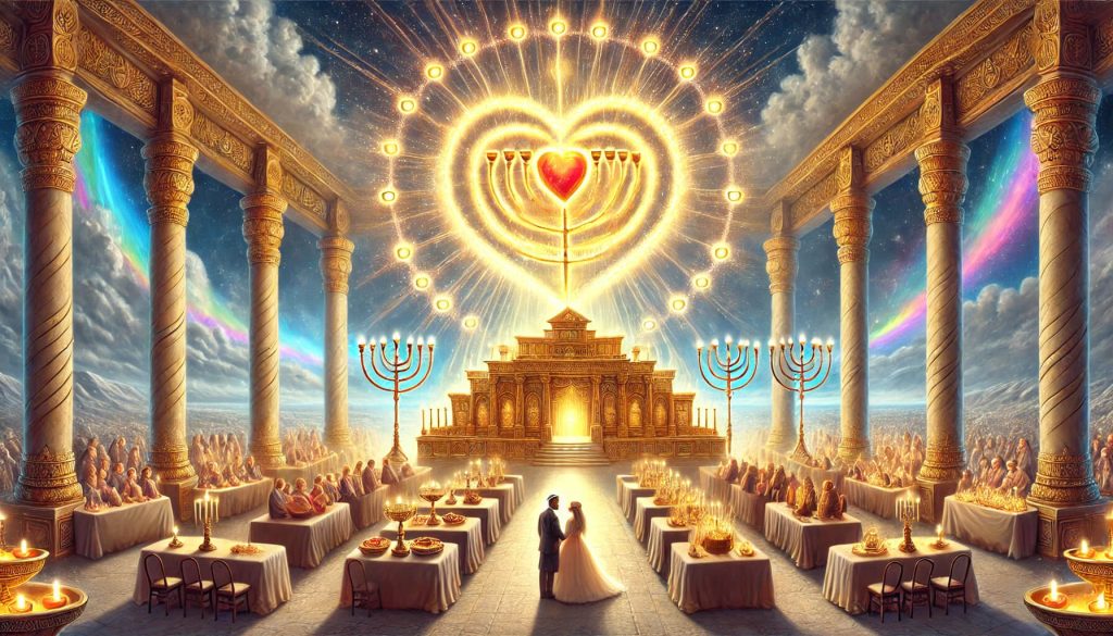תמונה המתארת את המשכן כמשל של קדושה, עם אור אלוקי הזורם ממנו ומתמזג ללב זוגי, שבו איש ואישה מביטים זה לזה בעיניים מלאות כבוד ואהבה. החיבור הרוחני משקף את השפעת הקדושה על הבית היהודי, וממחיש את שלום הבית כשלוחה של השראת השכינה