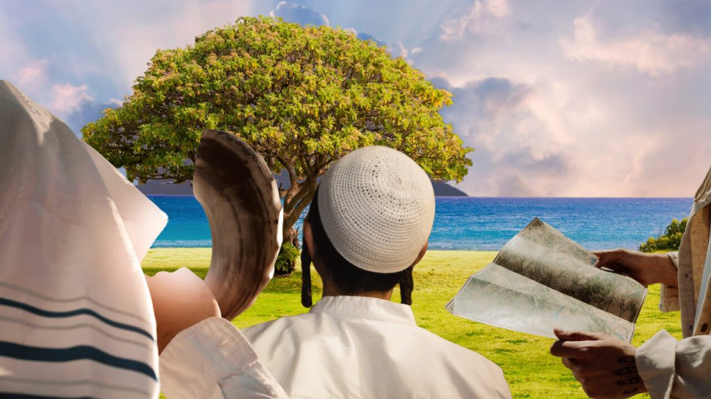 יהודי צדיק מתבונן על עץ גדוטל עם נוף לים הפתוח ושמים זוהרים - תיאור בריאה שלמה, מאחוריו יהודי צדיק תוקע בשופר ומימינו אדם מחפש במפה - האדם הזה זה הוא בעברו